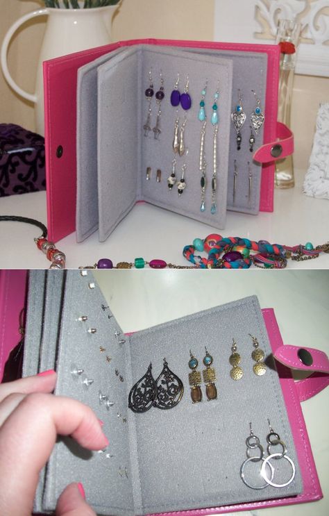 Earring book: felt, cardboard, hot glue and hole punch Jewelry Storage Diy, Vintage Jewelry Diy, Diy Jewelry To Sell, Diy Organizer, Diy Jewelry Display, Diy Jewelry Holder, Diy Jewelry Unique, Jewelry Organizer Diy, Easy Diy Jewelry