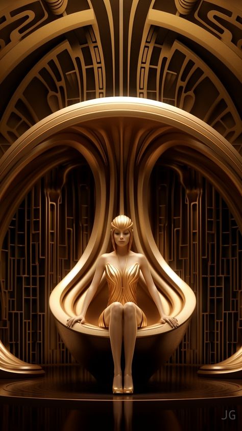 Futuristic Art Deco Architecture, 1920s Sci Fi, Sci Fi Art Nouveau, Sci Fi Throne Room, Art Nouveau Futuristic, Art Deco Futurism, Decopunk Art, Decopunk Aesthetic, Futuristic Art Deco