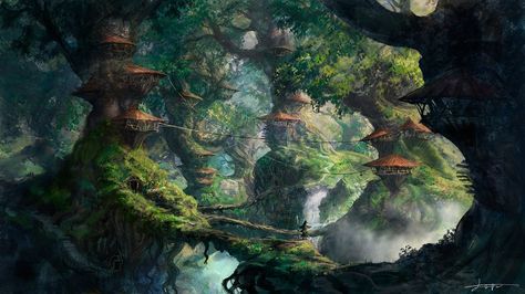 Fantasy art of Jungle City Forest Village, Forest City, Tree Artwork, Fantasy Forest, Wallpaper Tumblr, Plant Painting, Fantasy City, Fantasy Setting, Fantasy Places