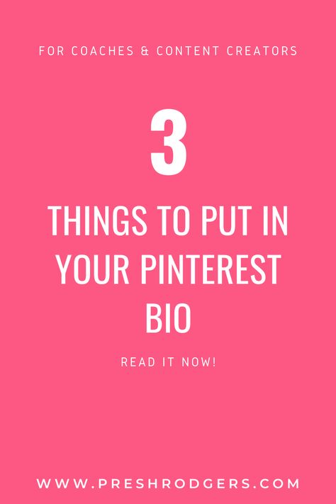 Creating an optimized Pinterest account starts with your bio. Make sure your Pinterest bio has these three things when you are using Pinterest marketing as a business. As you set up your Pinterest for business account, make sure you don't skip this step. Read this bio to find out what your pinterest profile needs for when you start marketing your business on Pinterest. Pinterest tips for online businesses | Pinterest marketing | Pinterest strategies for businesses Pinterest Optimization, Business Pinterest, Pinterest Expert, Pinterest Business, Pinterest Business Account, Using Pinterest, Pinterest Tips, Pinterest Marketing Strategy, Pinterest Strategy