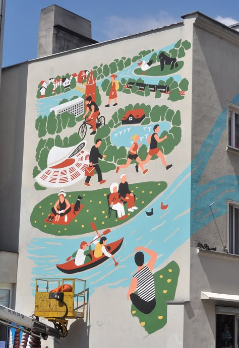 Mural for Opole City on Behance Wall Mural Shop, Graphic Mural Design, Mural Graphic Design, Mural Art Street, Community Mural Ideas, Mural Art School, Comic Mural, Public Mural, Murals School