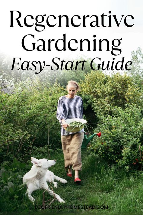 A woman with a harvest bowl full of home-grown produce, walking in front of her biodiverse garden - a sustainable landscape. She looks down at her dog, with text overlay "Regenerative Gardening Easy-Start Guide" Eco Garden Design, Beginner Farming, One Acre Homestead, Eco Yard, Tropical Farming, Kentucky Gardening, Rewilding Garden, Self Sustaining Garden, Regenerative Gardening