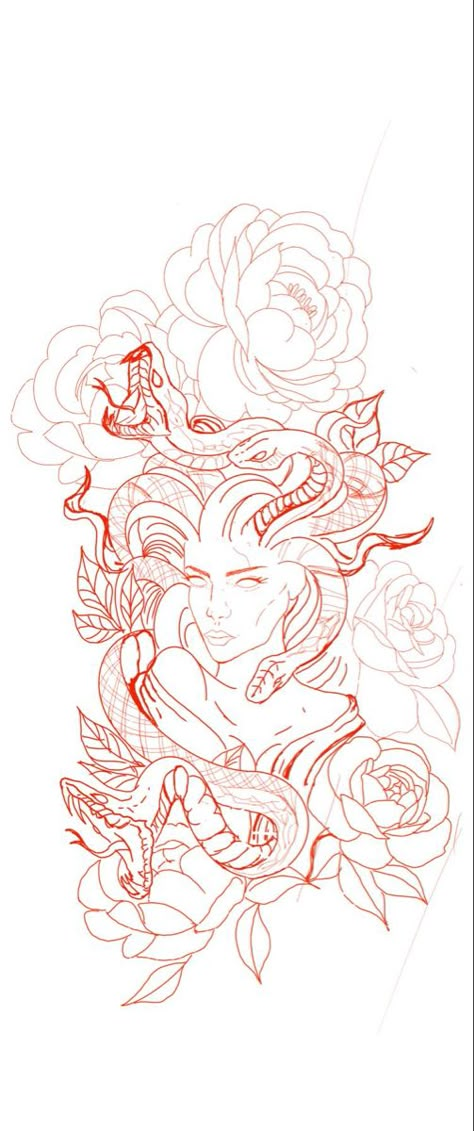 Medusa Theme Tattoo, Medusa Tattoo Sleeve With Flowers, Medusa Theme Sleeve, Thigh Tats For Women Big, Women Leg Sleeve Tattoo Ideas Stencil, Medusa Themed Tattoo, Large Minimalist Tattoo, Medusa Tattoo On Leg, Medusa Tattoo Aesthetic