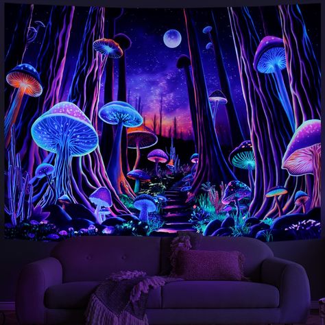 PRICES MAY VARY. PREMIUM MATERIAL: This trippy forest mushroom tapestry is made of high-quality polyester fiber, which is soft, waterproof, durable, smooth, easy to clean and fast drying. UV/BLACKLIGHT REACTIVE: This black light galaxy moon tapestry can glow gorgeously under blacklight or UV light in the dark. Under normal light, the color is also full and vivid. VARIOUS SIZES: M-W 59.1” × H 51.2”( 150cm×130cm ); L-W 78.7” × H 59.1”( 200cm ×150cm )；XL-W 70.8” × H 92.5”( 180cm ×235cm ). MULTIPURP Uv Wall Art, Dark Nature Room Decor, Mural Landscape Wall Art, Room Wall Colors Bedrooms, Blacklight Bedroom, Misty Nature, Nature Mural, Mural For Living Room, Wall Art Mural