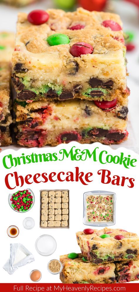 Christmas M&M Cookie Cheesecake Bars- unique and new christmas cookie exchange idea! Best combo of mm cookies and cheesecake! Christmas dessert idea. Fun xmas treat for parties. Christmas party dessert idea to feed a crowd. M&M dessert ideas. Cookie dough ideas. M&m Cheesecake Cookies, Xmas Party Food Sweet Treats, Xmas Millionaire Cookie Bars, Christmas Dessert For Neighbors, Christmas Desserts 9x13 Pan, Dessert To Bring To Christmas Party, Christmas Desserts With M&ms, Christmas Desserts Cream Cheese, Christmas Cookie Brownies