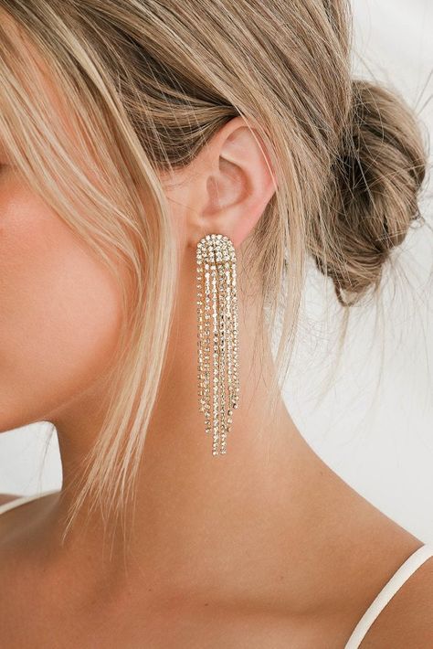 Rhinestone Tassel Earrings, Gold Rhinestone Earrings, Gold Snake Chain, Prom Earrings, A Night To Remember, Prom Jewelry, Gold Statement Earrings, Tassel Drop Earrings, Sparkly Earrings