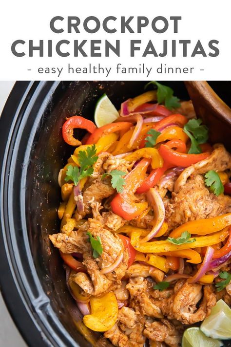 These chicken fajitas just couldn't be easier or more delicious! They're made in the Crockpot or slow cooker and are totally loaded with flavor. Delicious in tortillas, burrito bowls, or salads, these chicken fajitas are crazy tender and healthy, naturally Whole30 compliant, paleo, and low carb. A garlicky marinade with lime juice and seasoning make the chicken, peppers, and onions super flavorful. #crockpot #slowcooker #chicken #fajitas #healthyrecipes Slow Cooker Fajitas, Crockpot Fajitas, Slow Cooker Chicken Fajitas, Chicken Fajitas Crockpot, Health Lunch, Clean Dinner Recipes, Chicken Peppers, Clean Eating Vegetarian Recipes, Chicken Fajita Recipe