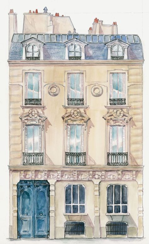 Facade Illustration, French Art Prints, Paris Buildings, Paris Illustration, Paris Architecture, Building Drawing, Building Illustration, Paris Print, House Portraits