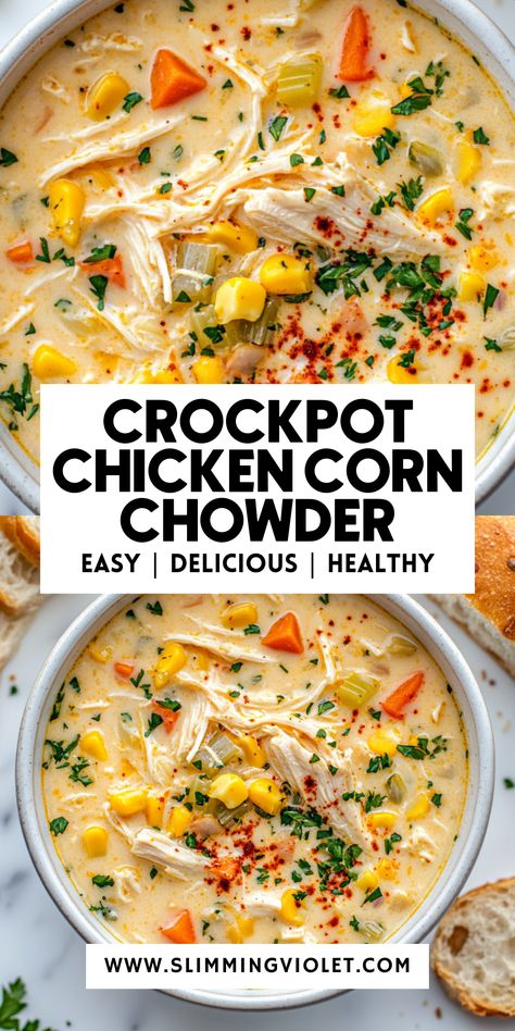 Crockpot Chicken Corn Chowder is creamy, hearty, and packed with sweet corn and tender chicken for a comforting meal everyone will love! This slow-cooker soup is perfect for chilly evenings or anytime you’re craving something rich and satisfying. Add crispy bacon, shredded cheese, or a dollop of sour cream for extra indulgence. It’s an easy-to-make recipe that pairs well with warm bread or a fresh salad. Save this pin to have a cozy dinner option on hand! Chicken Corn Chowder Crock Pot Healthy, Crockpot Recipes For Dinner Healthy, Slow Cooker Hearty Soup, Chicken And Corn Recipes Dinners, Chicken And Corn Crockpot Recipes, Yummy Crock Pot Meals, Easy Delicious Crockpot Soups, Chicken And Cheese Soup, Crock Pot Chicken Corn Soup