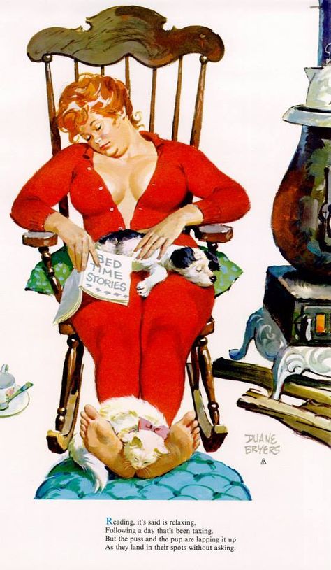 Hilda - asleep in rocking chair, bedtime storybook and dog on lap, kitten asleep on her feet Hilda Pinup, Duane Bryers, Christmas Magazine, Arte Pin Up, Red Pajamas, Pin Up Girl Vintage, Gil Elvgren, Pin Up Vintage, Pinup Art