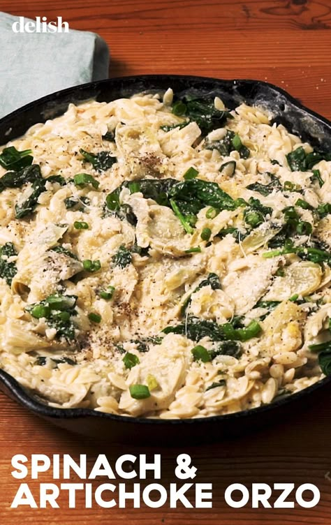 Spinach Artichoke Orzo, Artichoke Orzo, Creamy Chicken Dish, Orzo Dishes, Creamy Orzo, Keto Chili, Spinach Artichoke Chicken, Orzo Recipes, Artichoke Recipes