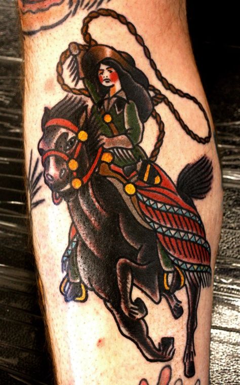 by Matt Cooley Traditional Tattoo Horse, Cowgirl Tattoos, Cowboy Tattoos, Monkey Tattoos, Traditional Style Tattoo, Flower Wrist Tattoos, Western Tattoos, Traditional Tattoo Sleeve, Old School Tattoo Designs