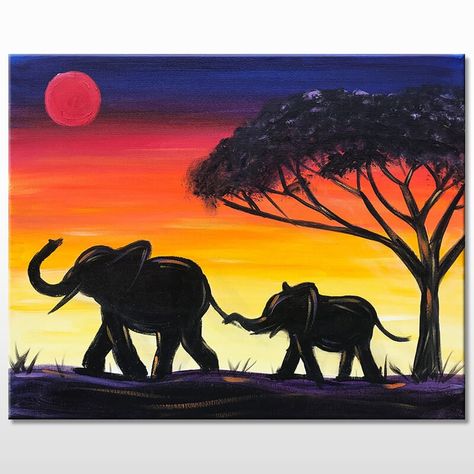 Painting Ideas Animals, Sunset Art Painting, Elephant Painting Canvas, Africa Painting, Landscape Pencil Drawings, Sunset Painting Acrylic, Paintings Ideas, Nature Art Drawings, African Art Paintings