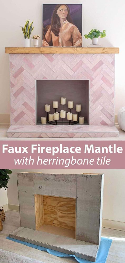 Emma's Tiled Faux Fireplace - A Beautiful Mess Faux Mantle, Faux Fireplace Mantels, Fireplace Diy, Fake Fireplace, Faux Tiles, Faux Fireplace Diy, Pink Rectangle, Fireplace Set, Diy Tile