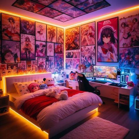 Anime Bedroom LED Anime Posters One Piece Anime Bedroom Ideas, Anime Inspired Bedroom, Anime Room Ideas Bedrooms, Anime Themed Room, Anime Room Ideas, Otaku Room Aesthetic, Anime Interior, Bad Room Ideas, Anime Bedroom Ideas