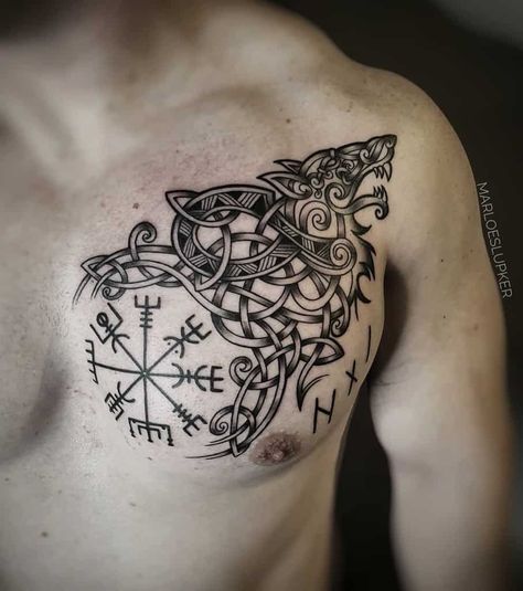 Celtic Wolf Tribal Tattoo ink.and.intuition Celtic Wolf Tattoo, Viking Compass Tattoo, Viking Tattoos For Men, Fenrir Tattoo, Tato Maori, Norse Mythology Tattoo, Scandinavian Tattoo, Viking Tattoo Symbol, Viking Tattoo Sleeve