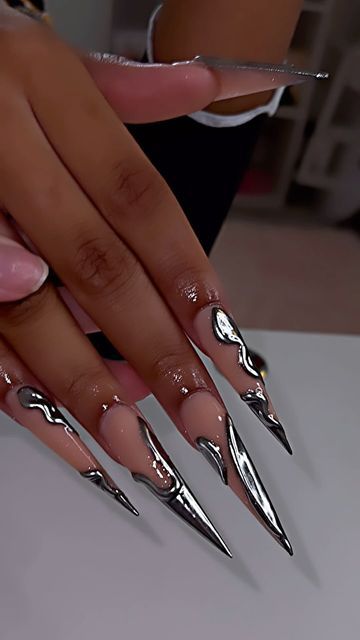 Nails Acrylic Stiletto Long, Stilleto Nail Idea, Long Nails Ideas, Nail Inspo Ideas, Stiletto Acrylic Nails, Claws Nails, Stilettos Nails, Charms Nails, Monster Nails