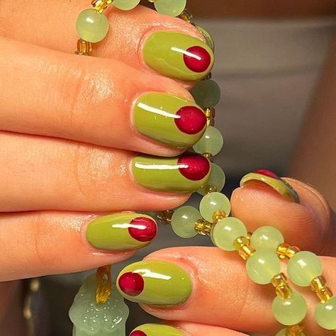 Olives Nails, Olive Nails Design, Veggie Nails, Vegetable Nails, Olive Nail Art, Tomato Nails, Olive Nail Designs, Martini Nails, Olive Nails