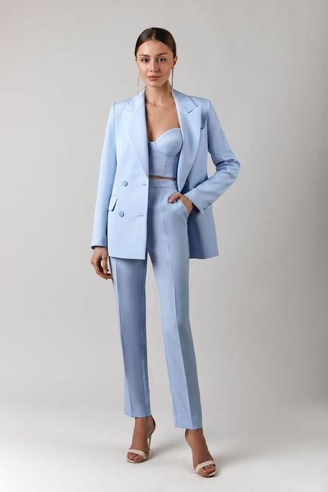 Corset Pants, Graduation Suits, Grad Outfits, Light Blue Suit, Corset Outfit, Corset Fashion, Woman Suit Fashion, Office Outfit, Pantsuits For Women