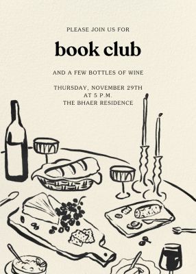 Book club invitations | Send online instantly | RSVP tracking Supper Club Invitation, Book Club Invite, Book Club Invitations, Book Club Flyer, Book Club Poster, Club Invitation, Graphic Design Invitation, Invitation Poster, Online Book Club