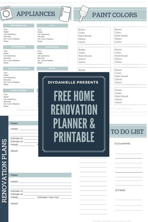 Get the free home renovation planner and printable to help you keep track of appliance information, paint colors, renovation plans, and more! Available on diydanielle.com. Home Reno Project Planner, Home Renovation Budget Template, Home Renovation Planner Free Printable, Whole House Renovation Checklist, New Home Build Binder, Kitchen Remodel Checklist Free Printable, House Renovation Planner, Home Building Planner, Home Renovation Checklist Free Printable