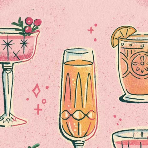 Eve Anderson draws on Instagram: "Boozy and schmoozy for #12daysofcreativecheer ✨  I'm certain that any beverage taste better when served a really nice glass 🥂 So I decided to illustrate some vintage inspired crystal glassware with a festive Christmas feel 🎄  This was so fun to draw and research! I particularly love the art deco couple saucers 💗 so delicate but very impractical! Also a bit obsessed with tiny sherry glasses which only yet used once a year 😅  Thanks hosts for this fun prompt!  @shelbywarwood @laurasupnik @bee_creates @britdrotshop @chanellkristen  #illustrationartists #illustratorsoninstagram #surfacedesign #vintagedesigns" Vintage Tea Cup Illustration, How To Draw Champagne Glasses, Rocks Glass Drawing, Art Deco Clip Art, Cocktail Glasses Drawing, Christmas Drinks Illustration, Champagne Illustration Graphics, Champagne Glasses Illustration, 1950s Illustration Art