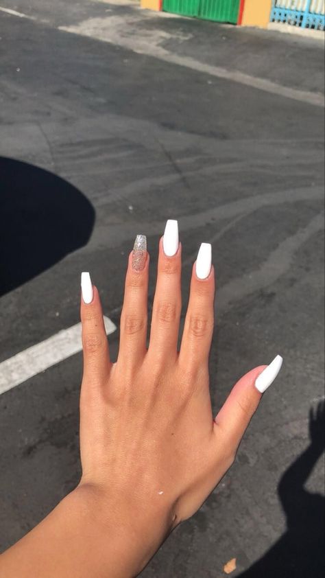 Nails For Mini Prom White, White Nails With Designs Coffin Short, White Acrylic Nails With Silver Design, White Formal Nails Acrylic, Polygel Nails Design Simple White, Whote Acrylics, Full White Nails With Designs, Cute White Acrylic Nails Coffin Medium, White Acrylic Nails With Accent Nail