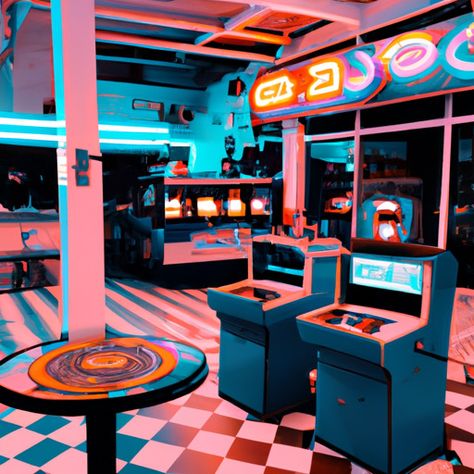 “Eat a pastry, drink your coffee and enjoy a game.” #retro #retrowave #arcade #oldschool #metro #coffee Bar Arcade Design, Vintage Arcade Room, Retro Arcade Aesthetic, Old School Arcade, Old Arcade, Arcade Table, Arcade Bar, Arcade Room, Retro Arcade