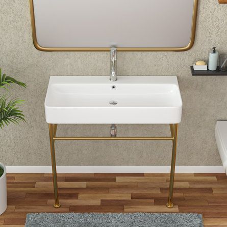 Lordear 35" Tall White Ceramic Rectangular Console Sink With Overflow | Wayfair Corner Bathroom Sink, Wheelchair Accessible Home, Bathroom Pedestal Sink, Florida Bathroom, Console Bathroom Sink, Accessible Home, Pedestal Bathroom Sink, Corner Bathroom, Bathroom Downstairs