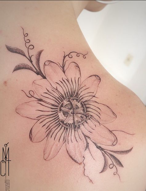 Passionfruit Flower Tattoo, Passion Fruit Flower Tattoo, Passionflower Tattoo, Passion Flower Tattoo, Flower Tattoo Stencil, Human Heart Tattoo, Top Of Shoulder Tattoo, Tattoo Symbolism, Passion Fruit Flower