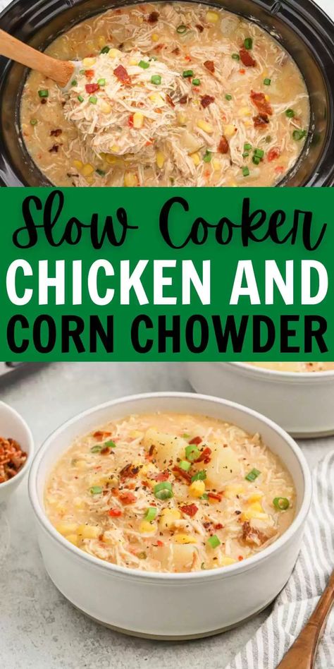 Crock pot chicken corn chowder recipe - easy chicken corn chowder Crockpot Chicken Corn Chowder, Chowder Recipes Crockpot, Corn Chowder Crockpot, Chicken Corn Chowder Recipe, Chicken Corn Soup, Chicken And Corn, Fall Crockpot, Fall Crockpot Recipes, Chicken Corn Chowder