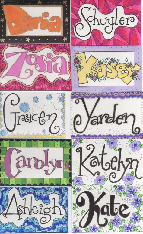 Name tags I drew for kids I work with. part 1 Name Posters For Students, Name Portfolio Art Projects, Doodle Name Art Ideas, Name Poster Ideas, Name Art Ideas, Name Tag Art, Nametag Design, Name Art Projects, Name Design Art