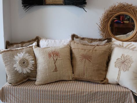 Pillows With Boho Chic Sunshine Theme Interior Design Trends - Etsy Coastal Design Interiors, Boho Style Pillows, Tropical Interiors, Balinese Decor, Tropical Boho, Coastal Interiors Design, Coastal Boho, Jute Fabric, Rattan Pendant Light