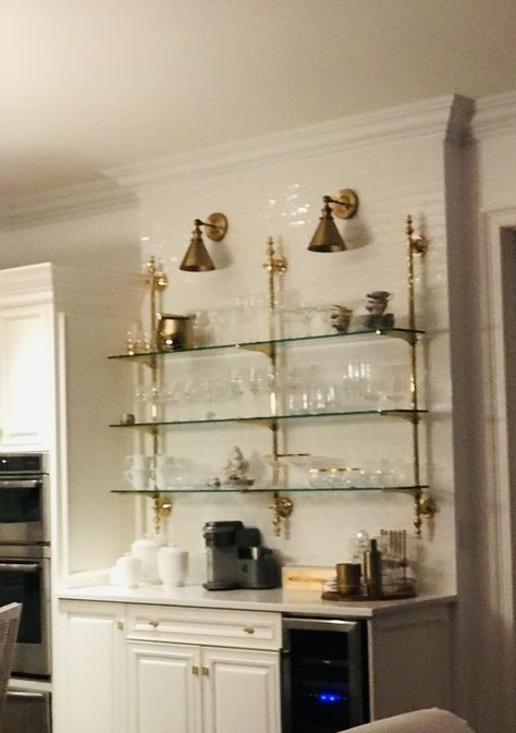 Rejuvenation Shelves, Great Gatsby Kitchen, Bistro Shelving Kitchen, Vintage Parisian Kitchen, Kitchen Glass Shelves, Bistro Shelves, Bistro Shelving, Glass Shelves Kitchen, Bistro Kitchen