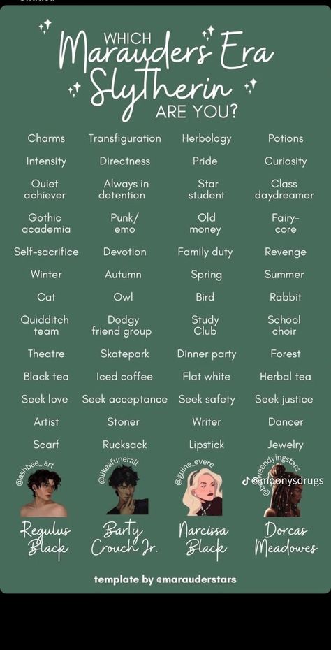 Marauders Slytherin Skittles, Which Marauder Are You Template, Marauders Kinnie Bingo, Slytherin Marauders Era, Slytherin Skittles Aesthetic, The Slytherin Skittles, Slytherin Skittles Fanart, Marauders Slytherin, Slytherin Skittles