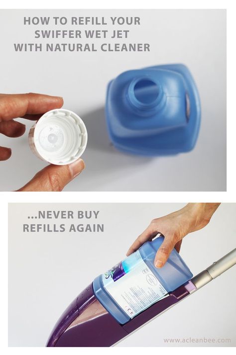 Learn how to re-fill your Swiffer WetJet with an all natural, non-toxic floor cleaner solution using this Swiffer Hack... never buy refills again!   via @acleanbee Wet Jet Refill Diy Floor Cleaners, Diy Swiffer Solution, Swiffer Hacks, Non Toxic Floor Cleaner Diy, Non Toxic Floor Cleaner, Diy Swiffer 360 Duster, Diy Reusable Swiffer Duster, How To Refill Swiffer Wet Jet Bottle, Refill Swiffer Wet Jet Bottle