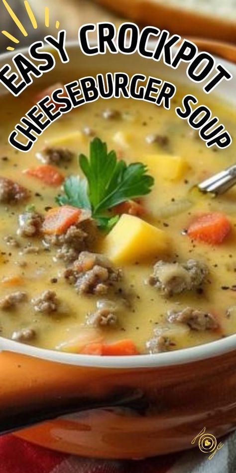 Easy Crockpot Cheeseburger Soup! This hearty and satisfying soup is loaded with ground beef, potatoes, vegetables, and cheese, all simmered to perfection in your slow cooker. Whether you're craving a warm and comforting meal on a chilly day or looking for an easy weeknight dinner Unique Soup Recipes, Hamburger Soup Crockpot, Crockpot Cheeseburger Soup, Crockpot Cheeseburger, Cheeseburger Soup Crockpot, Hamburger Potato Soup, Ground Beef Potatoes, Ground Beef Crockpot Recipes, Easy Crockpot Soup