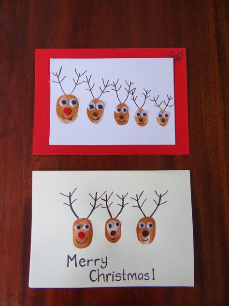 Fingerprint Christmas Cards – Be A Fun Mum Fingerprint Christmas Cards, Toddler Christmas Cards, Christmas Food Ideas For Dinner, Christmas Cards Handmade Kids, Fingerprint Christmas, Handprint Christmas, Reindeer Card, Print Christmas Card, Christmas Cards Kids