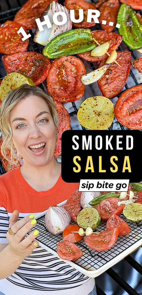 traeger smoked salsa recipe images with text overlay and food blogger Jenna Passaro from Sip Bite Go Smoked Tomato Salsa, Smoked Salsa Recipe Traeger, Smoker Salsa Recipe, Smoker Salsa, Smoked Salsa Recipe Canning, Smoked Salsa Traeger, Smoked Jalapenos, Smoked Salsa Recipe, Garden Salsa Recipe