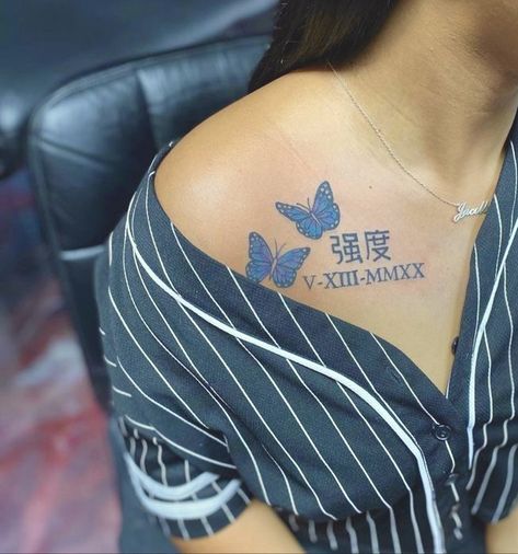 Blue Butterfly Tattoo, Black Girls With Tattoos, Tattoos For Black Skin, Pretty Tattoos For Women, Dope Tattoos For Women, Shoulder Tattoos For Women, Tattoo Ideas Female, Stylist Tattoos, Thigh Tattoos Women