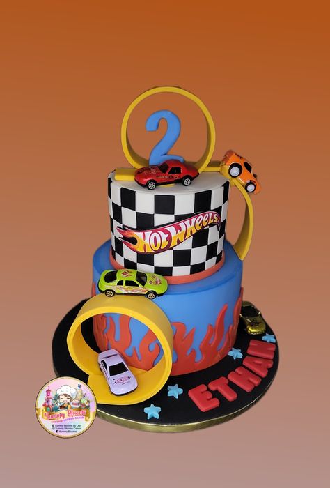 Hit wheels birthday cake Celebration Cakes Birthday, 2 Tier Birthday Cake, Party Cakes Ideas, Tier Birthday Cake, Wheels Cake, Toddler Birthday Cakes, Hot Wheels Cake, Two Fast Birthday, Tiered Cakes Birthday