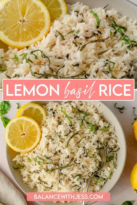 This Lemon Basil Rice pilaf is the perfect side dish! Tart zippy lemon and fresh basil are a classic combo that pair well with any protein or veggie. Instant pot and rice cooker instructions included! Gluten free, dairy free, and vegetarian with easy substitutes to make it vegan. Lemon Basil Rice, Basil Rice Recipe, Lemon Basmati Rice Recipes, Lemon Rice Pilaf Recipe, Lemon Basil Quinoa, Basil Rice, Rice Cooker Instructions, Recipe For Summer, Lemon Rice