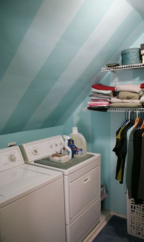 A Floor-to-Ceiling Guide to Spring Cleaning  Stripes on slanted ceiling. Bright colors in laundry room. Spring Cleaning Bedroom, Slanted Ceiling Bedroom, Spring Cleaning Organization, Room Storage Diy, Slanted Ceiling, Laundry Room Renovation, Cleaning Lady, Homemaking Tips, Spring Cleaning Checklist