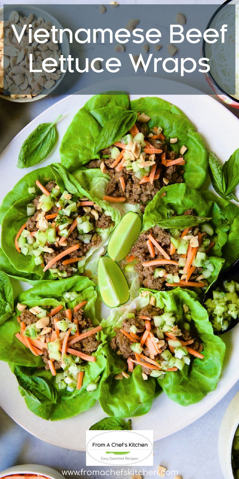 Six Vietnamese Beef Lettuce Wraps on oval white platter. Lettuce Wrap Recipes Beef, Wraps With Rice, Cucumber Relish, Rice Paper Wraps, Crunchy Vegetables, Asian Lettuce Wraps, Vietnamese Beef, Beef Lettuce Wraps, Flavorful Dinner