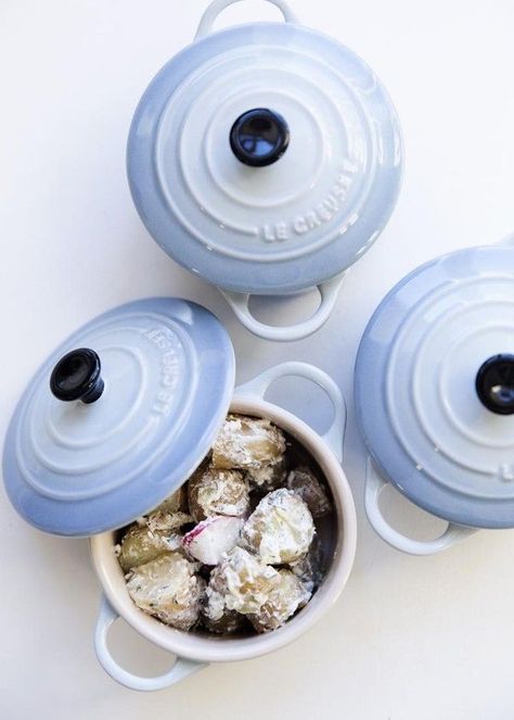 Le Creuset mini cocottes in "Coastal Blue."  Love! Le Creuset Blue, Kinfolk Style, Le Crueset, Private Dinner, Le Creuset Cookware, Le Creuset, Kitchen Stuff, Kitchen Essentials, Food Styling