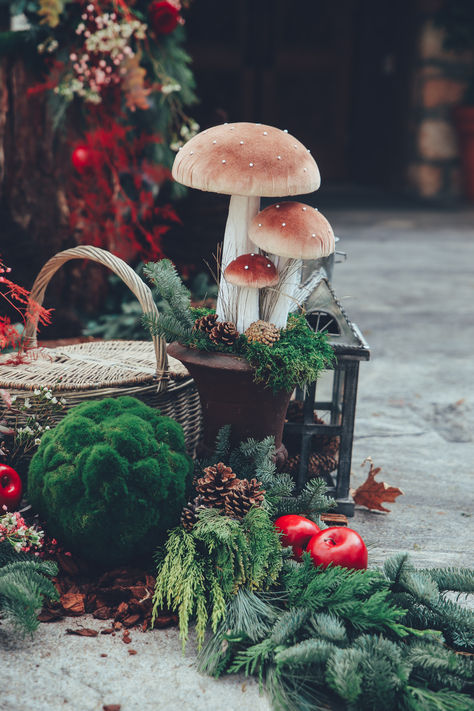 The entrance of the church was decorated with mushrooms and created a winter vibe for the christening. #mushroom #christening #apples #event #eventplanner #design #designer #eventdesign #decoration #decor #mushroomthemed #themedevent #christeningday #classic #fairytale #fairytalethemed #candybar #mariaghikadecoration #mariaghika Mushroom Theme Christmas, Christmas Enchanted Forest Theme, Enchanted Winter Forest Theme, Mushroom Tablescape, Mushroom Wedding Decor, Winter Mushrooms, Enchanted Winter Forest, Woodland Christmas Theme, Mushroom Wedding