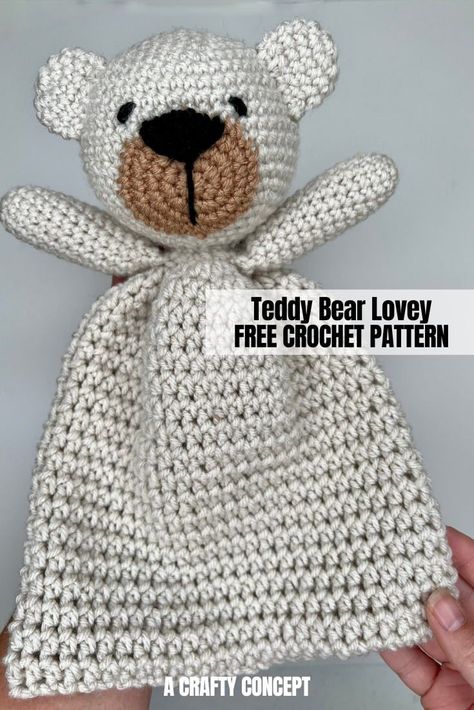 Learn how to make this adorable crochet bear lovey following this free pattern that includes step-by-step photos and a full video tutorial. Free Crochet Lovies Patterns, Diy Crochet Lovey Free Pattern, Blanket Buddy Crochet Pattern Free, Free Baby Security Blanket Crochet Patterns, Crochet Bear Ragdoll Free Pattern, Free Bear Lovey Crochet Pattern, Free Crochet Patterns For Lovey Blankets, Dog Lovey Blanket Crochet Free Pattern, Teddy Bear Snuggler Crochet