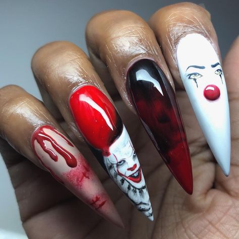 Stephen King Nail Art, Halloween Nail Designs Pennywise, It Nail Designs, It Inspired Nails, It Nails Stephen King, Penny Wise Nails, Pennywise Nail Art, Nails Polish Ideas, Horror Nails Halloween