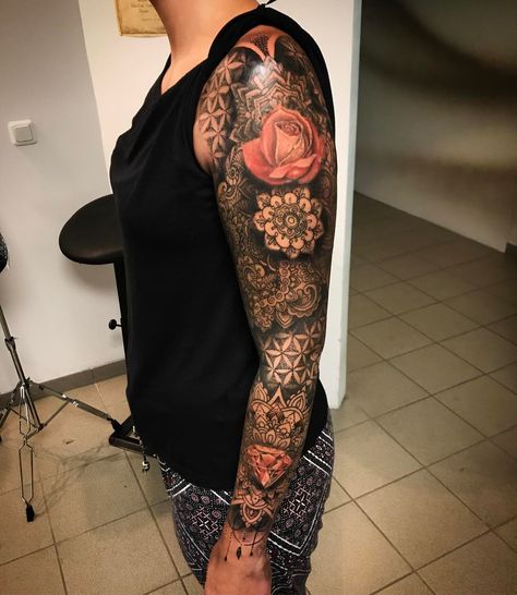 Tattoo Lace Sleeve, Flowers And Lace Tattoo Sleeve, Lace Sleeve Tattoo, Womens Mandala Sleeve Tattoo, Lace Tattoo Filler, Arm Sleeve Filler Tattoos For Women, Womens Floral Sleeve Tattoo, Paisley Tattoo Sleeve, Bohemian Tattoo Sleeve