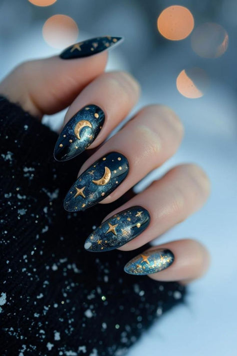 Starry Night Romance Nails For Valentine’s Day Almond Nails Space Theme, Day And Night Nail Art, Night And Day Nails, Purple Sky Nails, Night Nails Design, Dark Purple Homecoming Nails, Feyre Nails, Purple Celestial Nails, Day And Night Nails